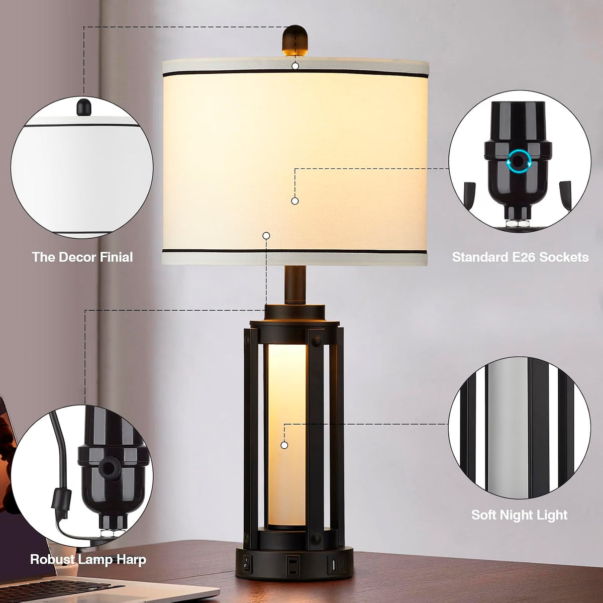 NEW/OPEN BOX Modern Table Lamps Set of 2, TD-LO-152 with USB A+C Charging Ports