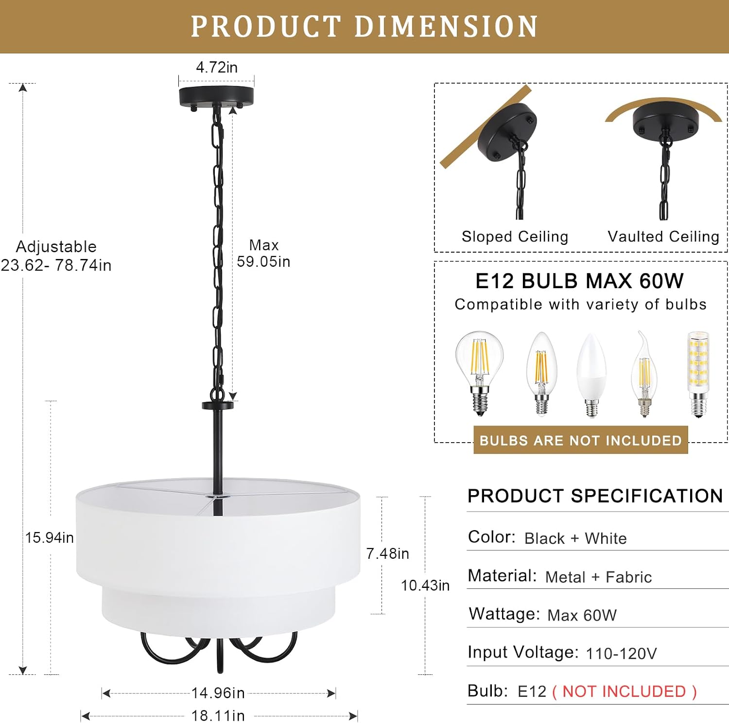 DEMO Drum Chandelier with Shades 5 Light 2-Layer 18” Large Black