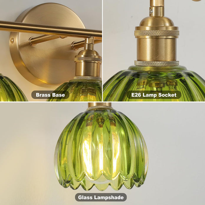 NEW Rnidaipi Light Fixtures, 4-Light  Green Tulip Glass Shade Brass Vanity Wall Light