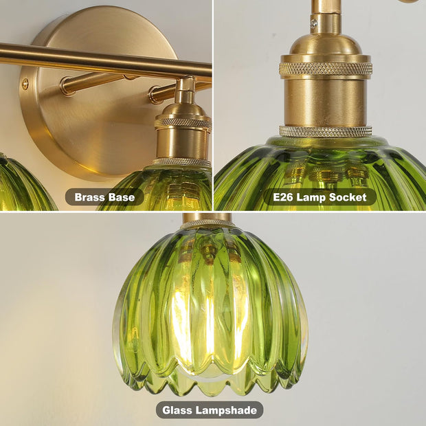 NEW Rnidaipi Light Fixtures, 4-Light  Green Tulip Glass Shade Brass Vanity Wall Light