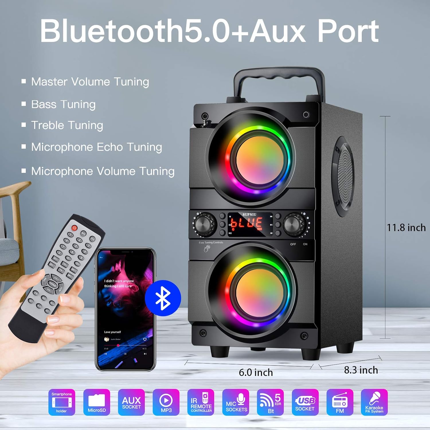 60W (80W Peak) Portable Bluetooth Speaker with Double Subwoofer Heavy Bass, Bluetooth 5.0 Wireless