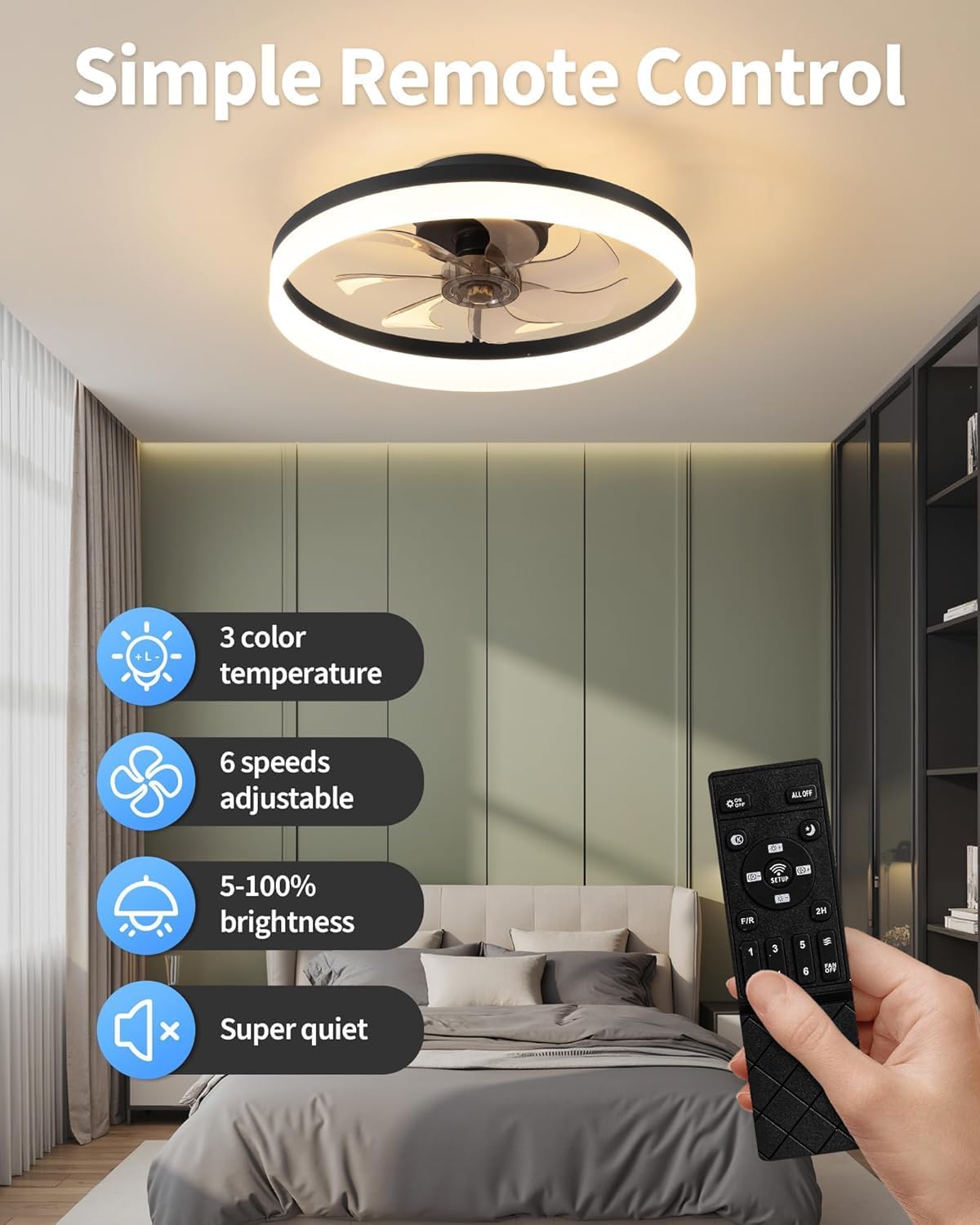 DEMO  PUSU Ceiling Fan with Lights and Remote, 19.7'' Low Profile Ceiling Fans, 6-Speed Reversible Bladeless Fan, 2700K–6500K Dimmable Fan ,BLACK