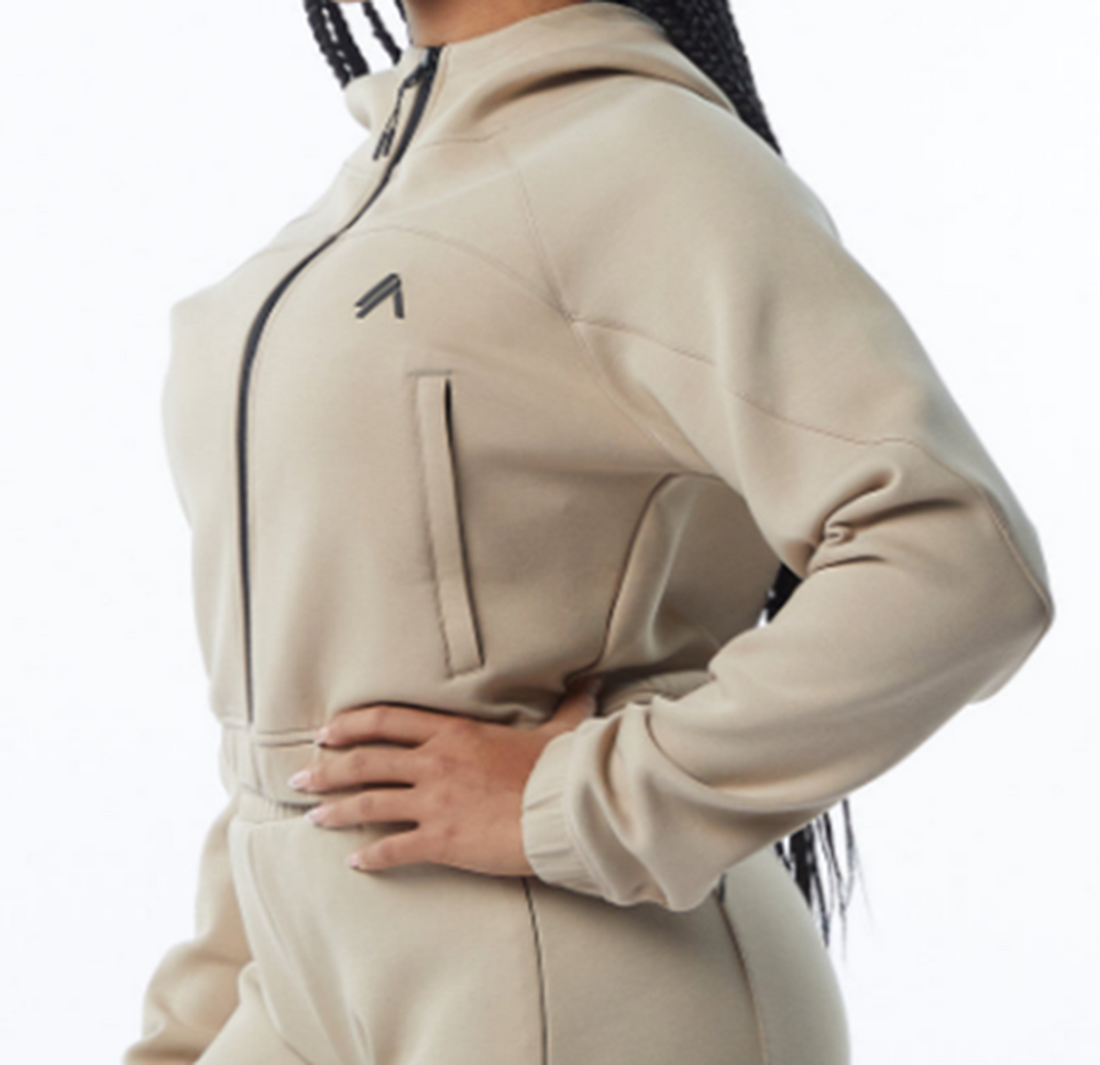 NEW Alphalete Women's ELMTS Crop Full-Zip Jacket – TAN Size XS (266251)