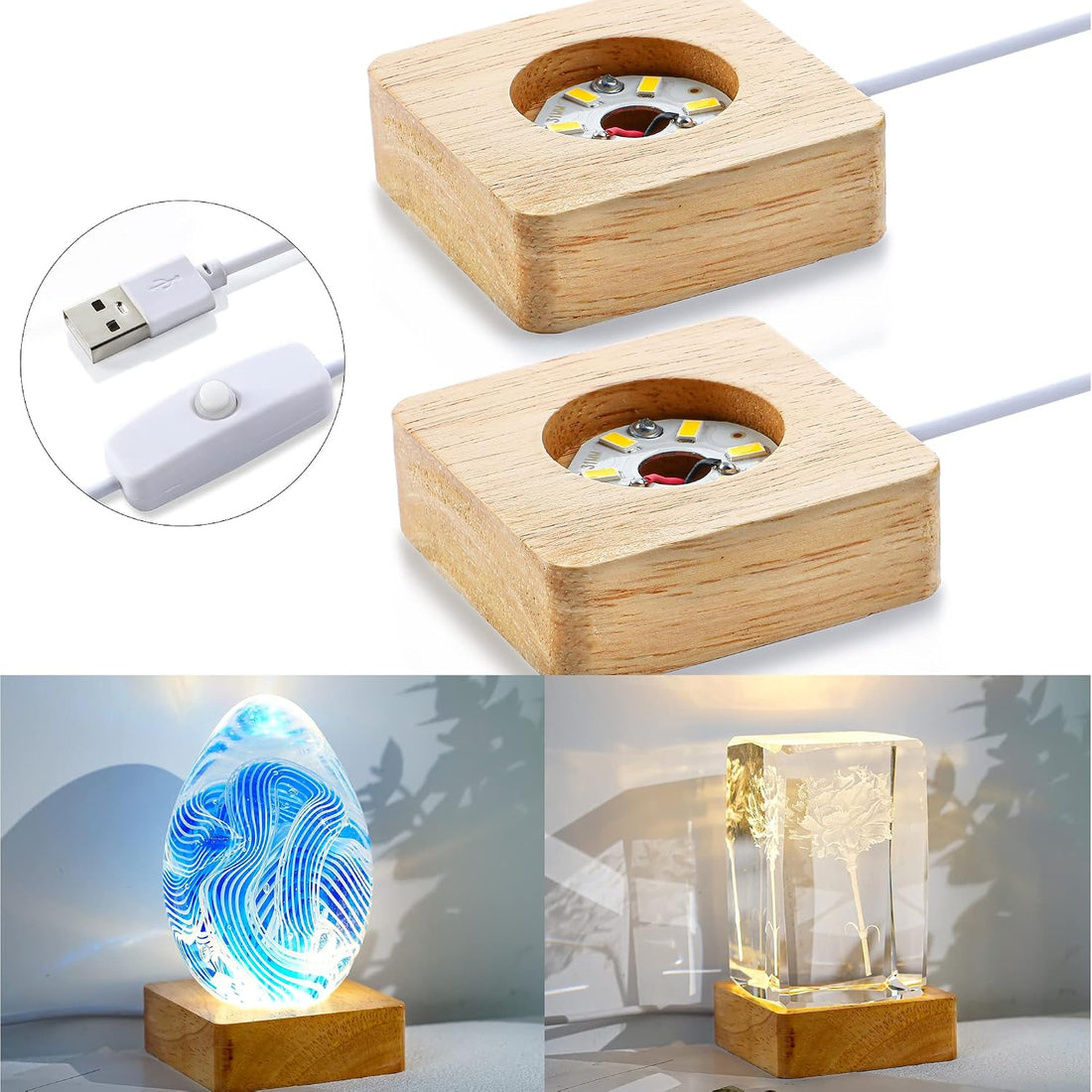Square LED Wooden Base-For Night Light Base Art Display Crystal Jewelry Display Party Kids Party Gifting -USB Cable Charge