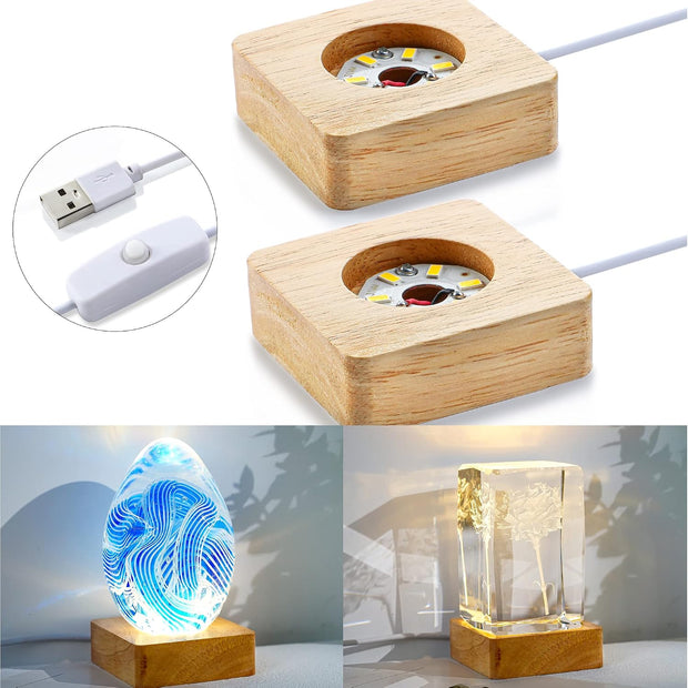 Square LED Wooden Base-For Night Light Base Art Display Crystal Jewelry Display Party Kids Party Gifting -USB Cable Charge
