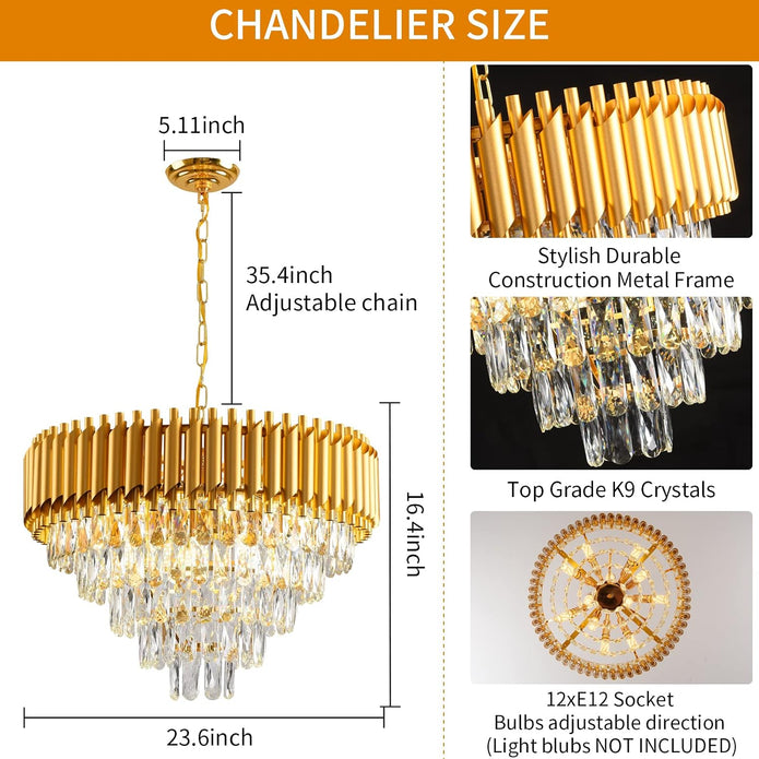 NEW/OPEN BOX AKDXIRUN Modern Crystal Chandelier 12 Lights Gold Chandeliers W24in