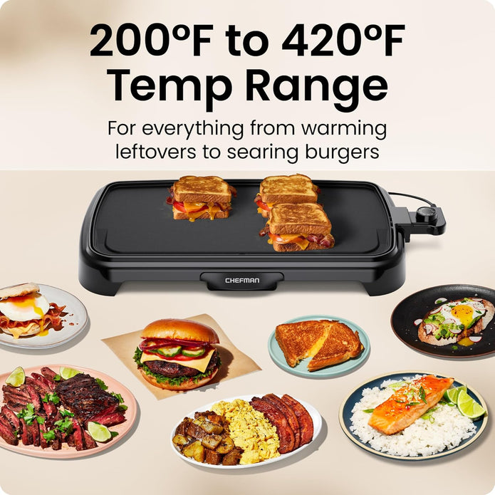 DEMO/OPEN BOX Chefman XL Electric Griddle with Removable Temperature Control, Immersible Flat Top Grill  25 x 51 CM