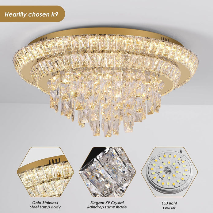 OPEN BOX 24 Inch Modern Crystal Chandeliers  Ceiling Light Flush Mount With Remote