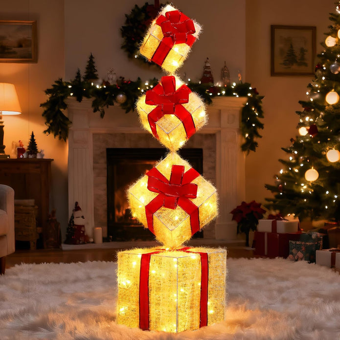Stackable Lighted Christmas Boxes, 4Pcs Lighted Gift Boxes with Warm LED Lights