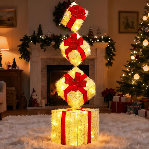 Stackable Lighted Christmas Boxes, 4Pcs Lighted Gift Boxes with Warm LED Lights