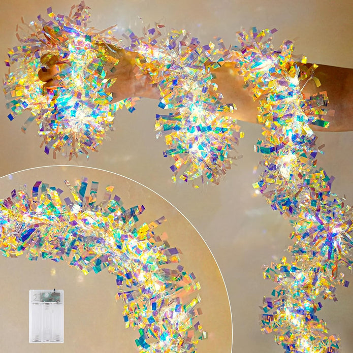 Christmas Garland with Lights, 2 Pack 6.5FT Iridescent Tinsel Garlands Battery Operated, Shiny Streamers Garland New Year Decorations