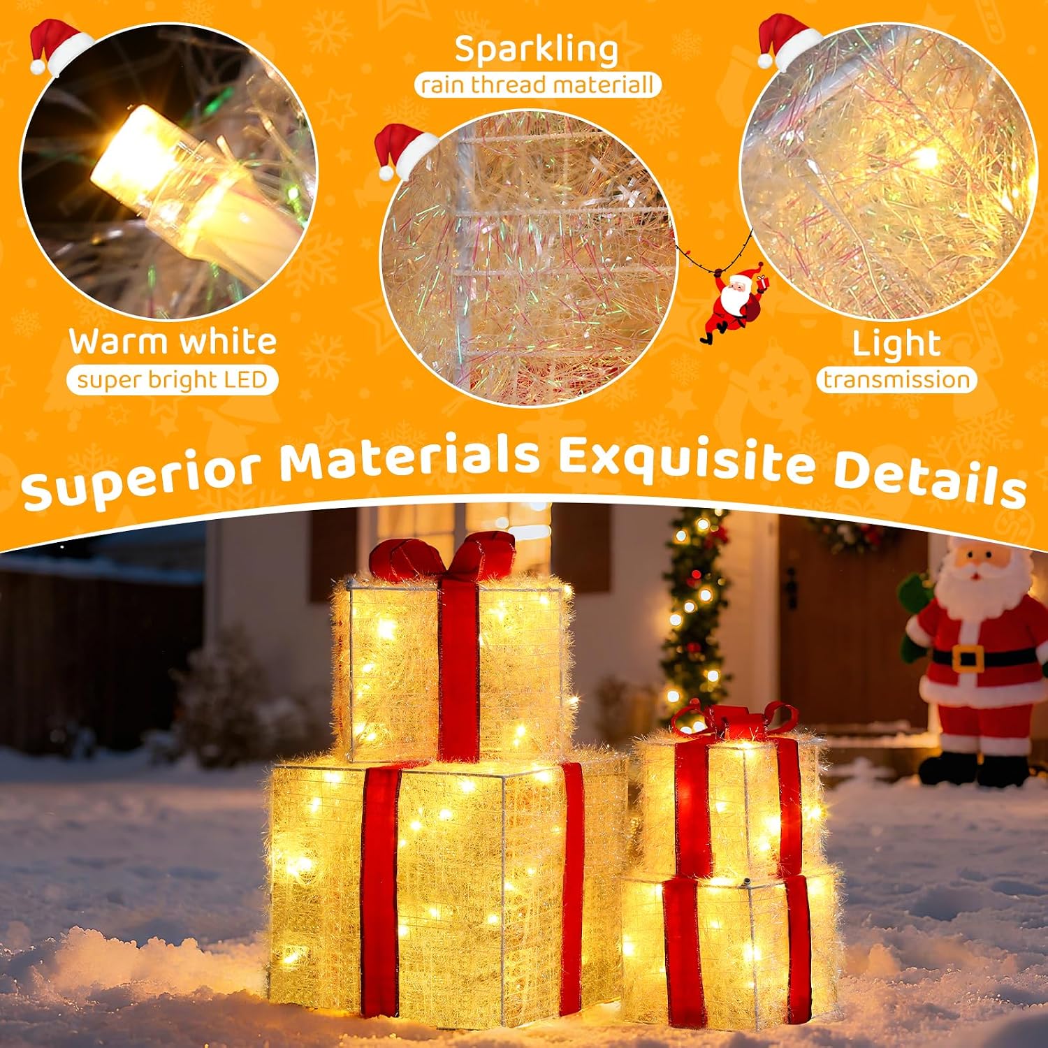 Stackable Lighted Christmas Boxes, 4Pcs Lighted Gift Boxes with Warm LED Lights
