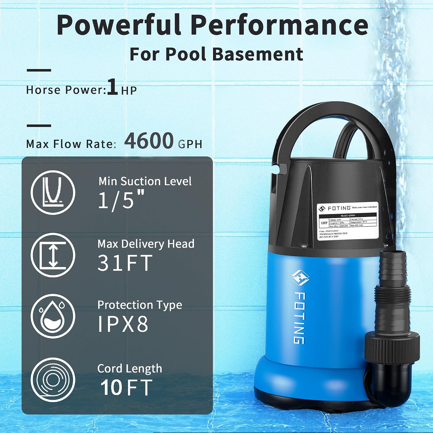 OPEN BOX  FOTING Sump Pump 1 HP 4600 GPH Clean/Dirty Submersible Water Pump-Q9003