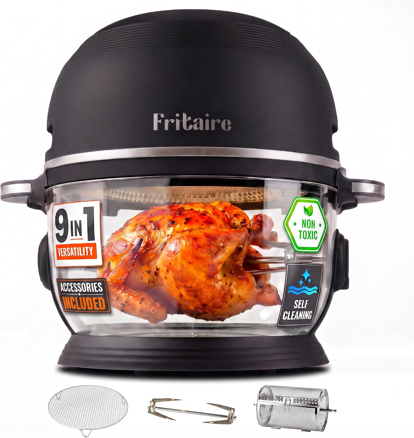 USED /LIKE NEW Fritaire -01 B Non-Toxic Air Fryer - Glass AirFryer 5 Quart w/ 360 Visibility, Self-Cleaning