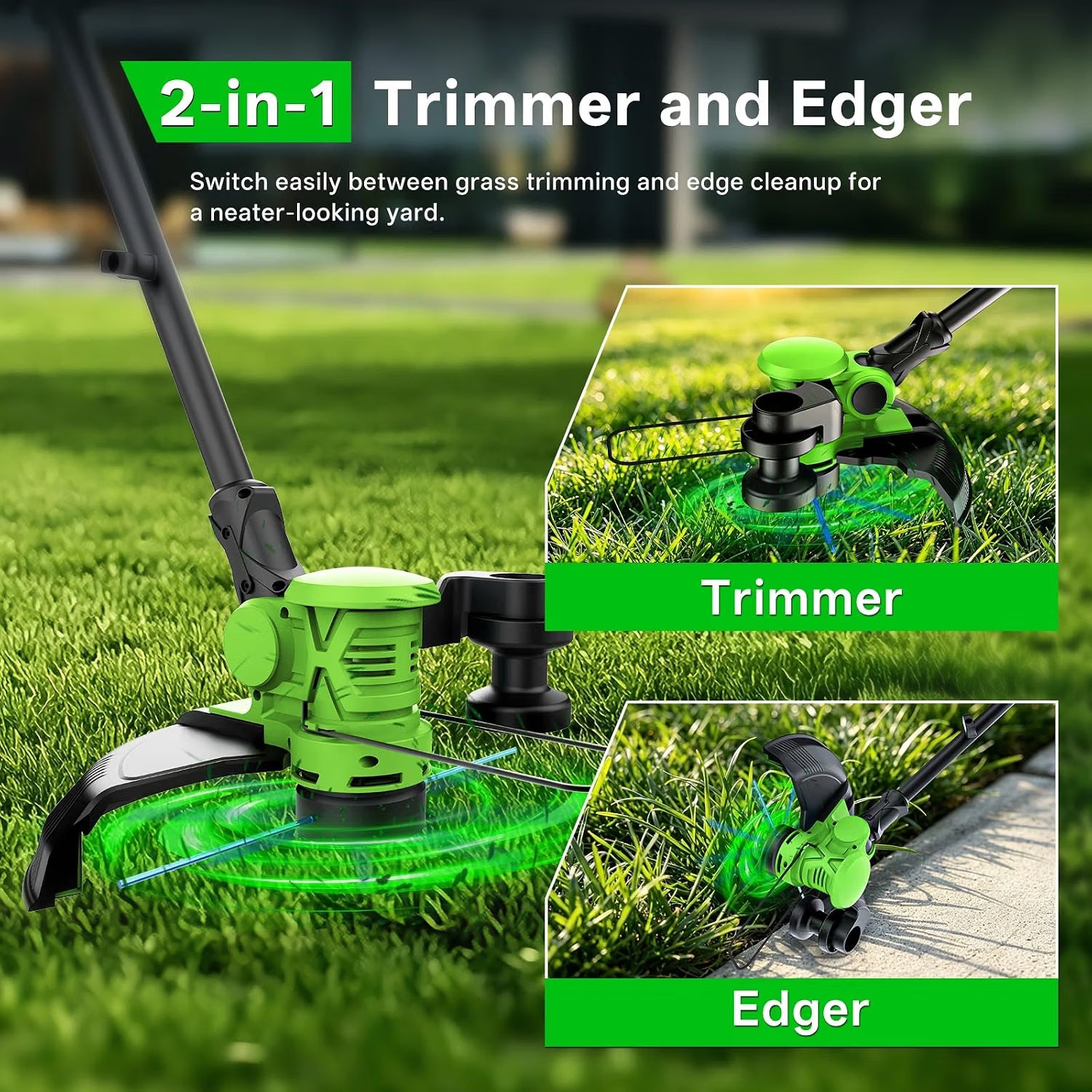 USED Cordless Weed Wacker, 21V String Trimmer and Edger with 2 x 4.0Ah Batteries Charger-Green