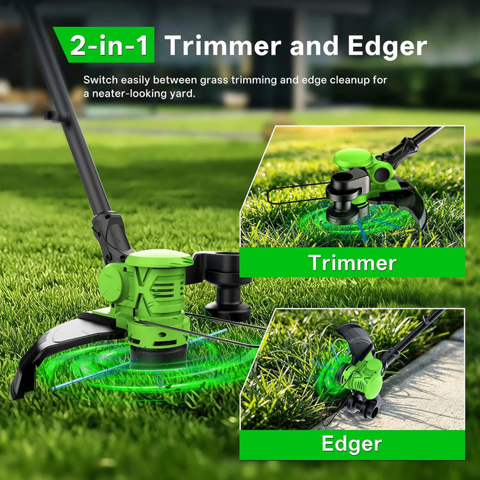 USED Cordless Weed Wacker, 21V String Trimmer and Edger with 2 x 4.0Ah Batteries Charger-Green