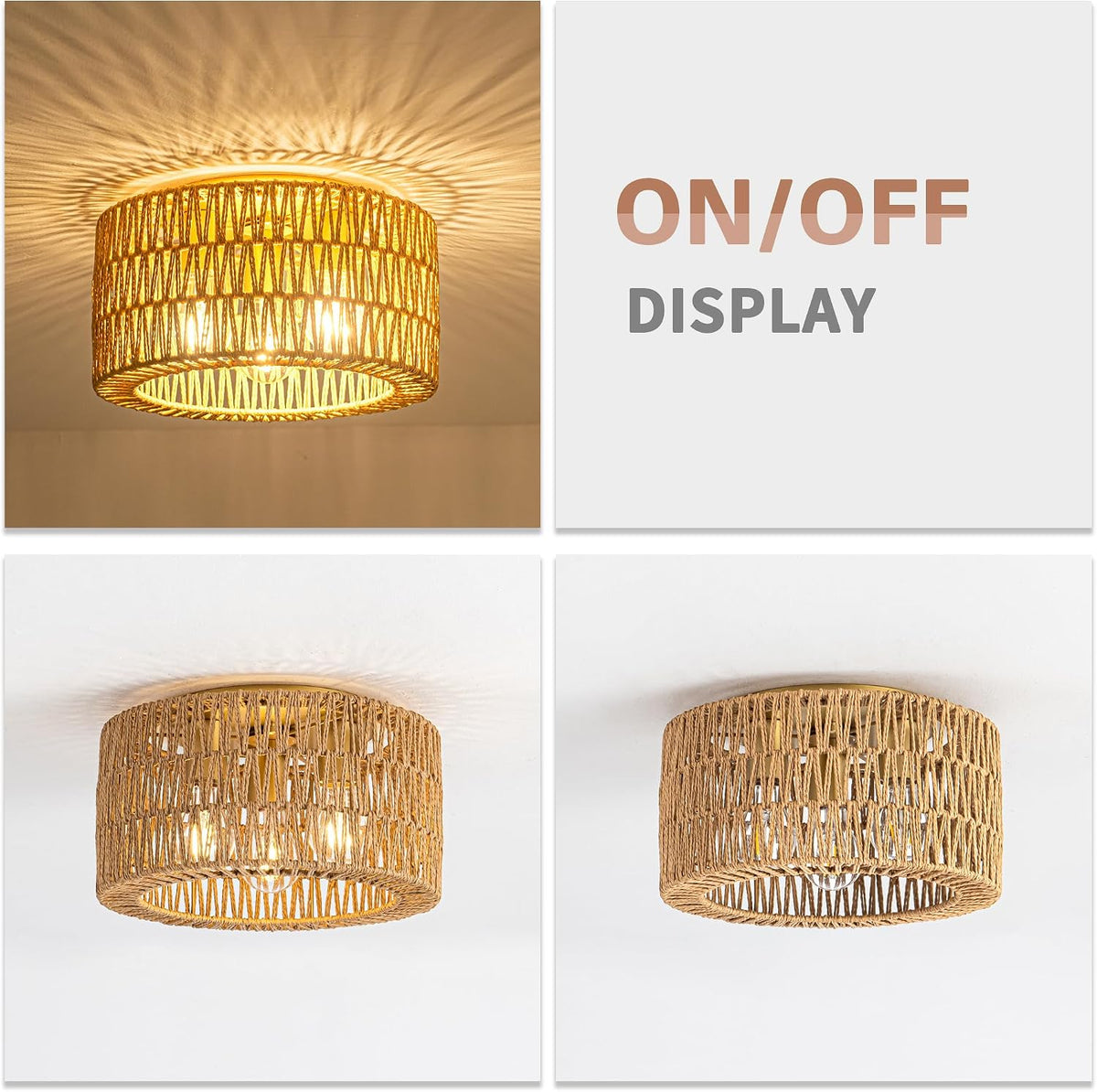 NEW/OPEN BOX 12'' Rattan Ceiling Light Fixture, 3 Light Bohemian Modern Woven gold  Ceiling Light