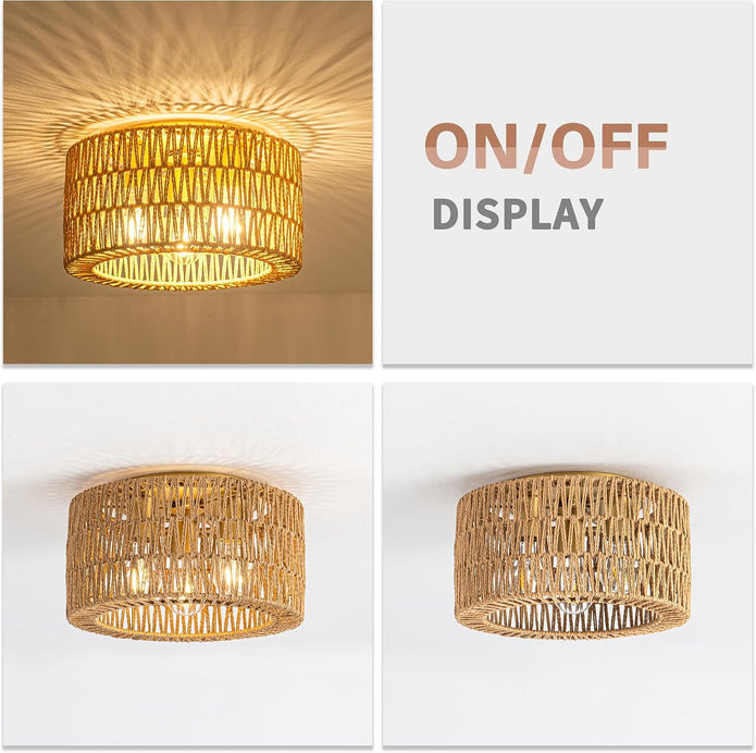 NEW/OPEN BOX 12'' Rattan Ceiling Light Fixture, 3 Light Bohemian Modern Woven gold  Ceiling Light