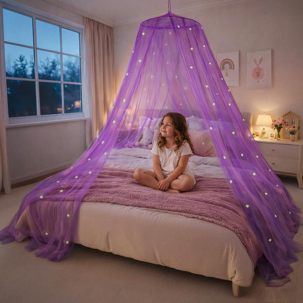 Bed Canopy with Lights, Princess Canopy for Girls Room-Purple