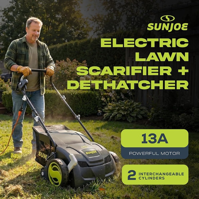Sun Joe Electric Dethatcher  Scarifier, Corded, with 8-Gal Bag, AJ801E 12.6-Inch Cutting Width, 12-Amp Motor