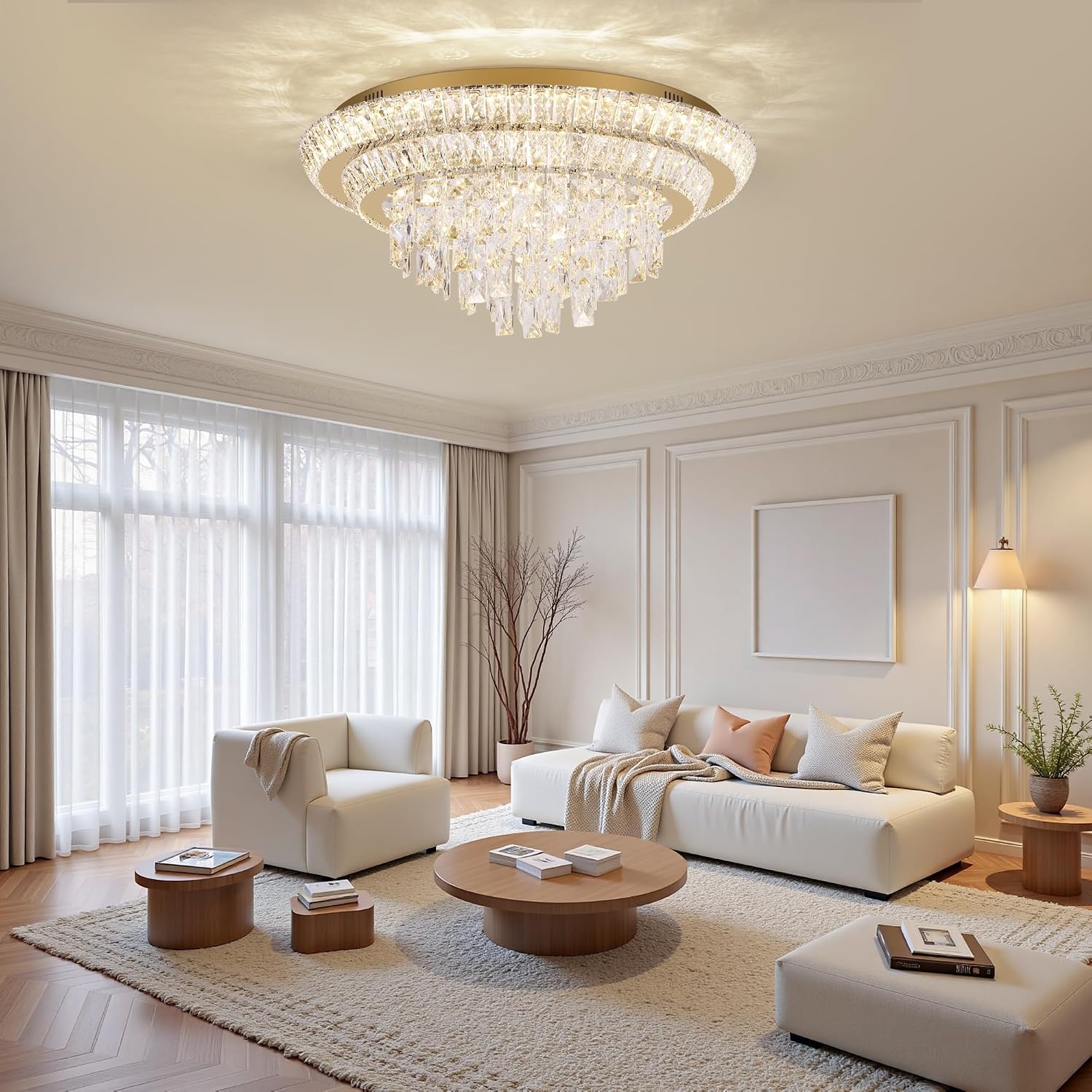 OPEN BOX 24 Inch Modern Crystal Chandeliers  Ceiling Light Flush Mount With Remote