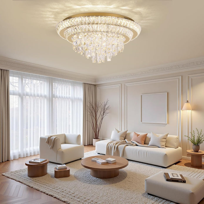 OPEN BOX 24 Inch Modern Crystal Chandeliers  Ceiling Light Flush Mount With Remote