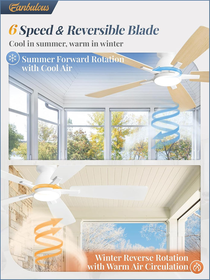 NEW Fanbulous 52 Inch Flush Mount Ceiling Fan, 3CCT 20W LED Light , White, F-LY52WT-1X01