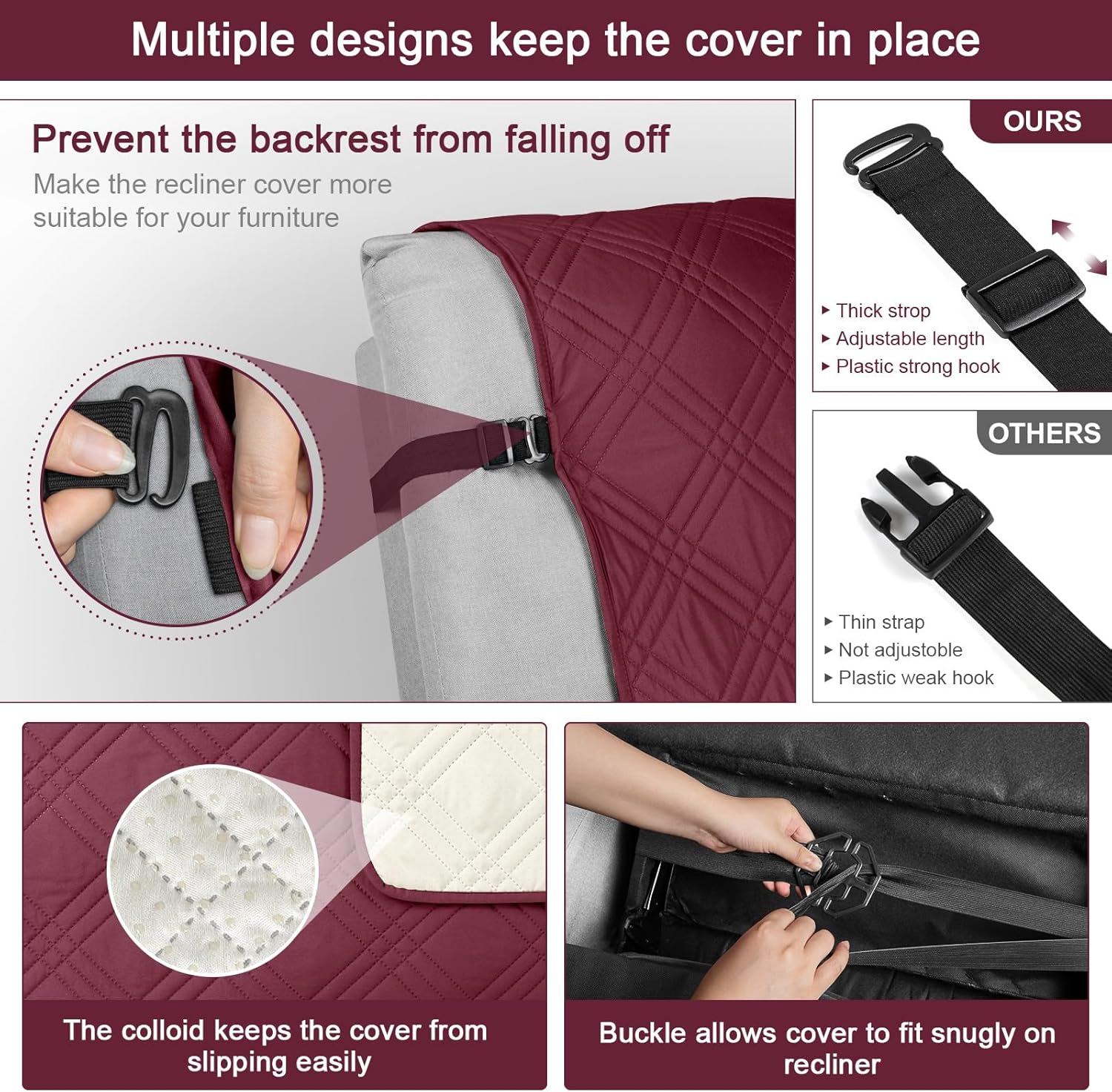 Recliner Chair Cover, Non Slip Recliner Covers for Recliner Chair with Pocket, Washable Reclining Chair Cover- Red/Wine
