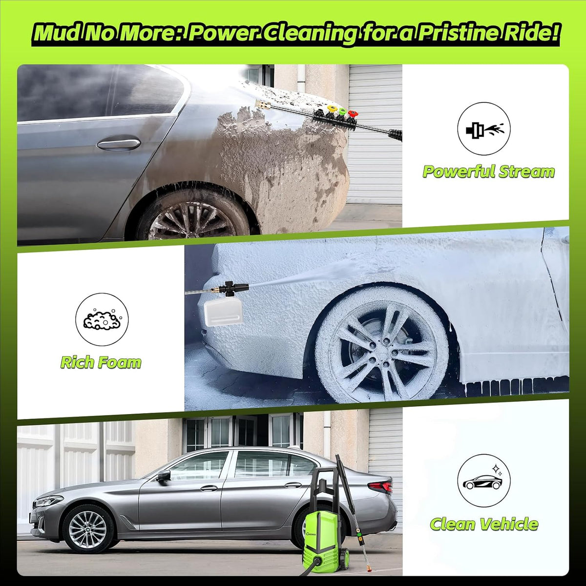 NEW GREENER Electric Pressure Washer, 2500PSI, 4 Quick Nozzles, 2.4GPM, 23FT Outlet Hose, 9FT Power Cord, Power Washer Electric Powered -Green