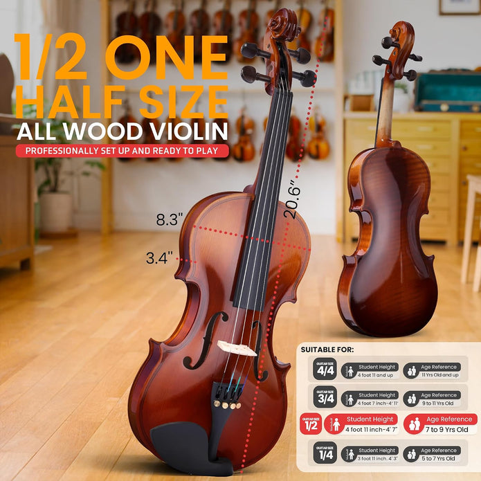 USED/LIKE NEW Pyle 1/2 Size Beginner Violin Starter Kit, Violin Starter Package with Travel Case & Bow, Extra Strings, Digital Tuner, Shoulder Rest & Cleaning Cloth