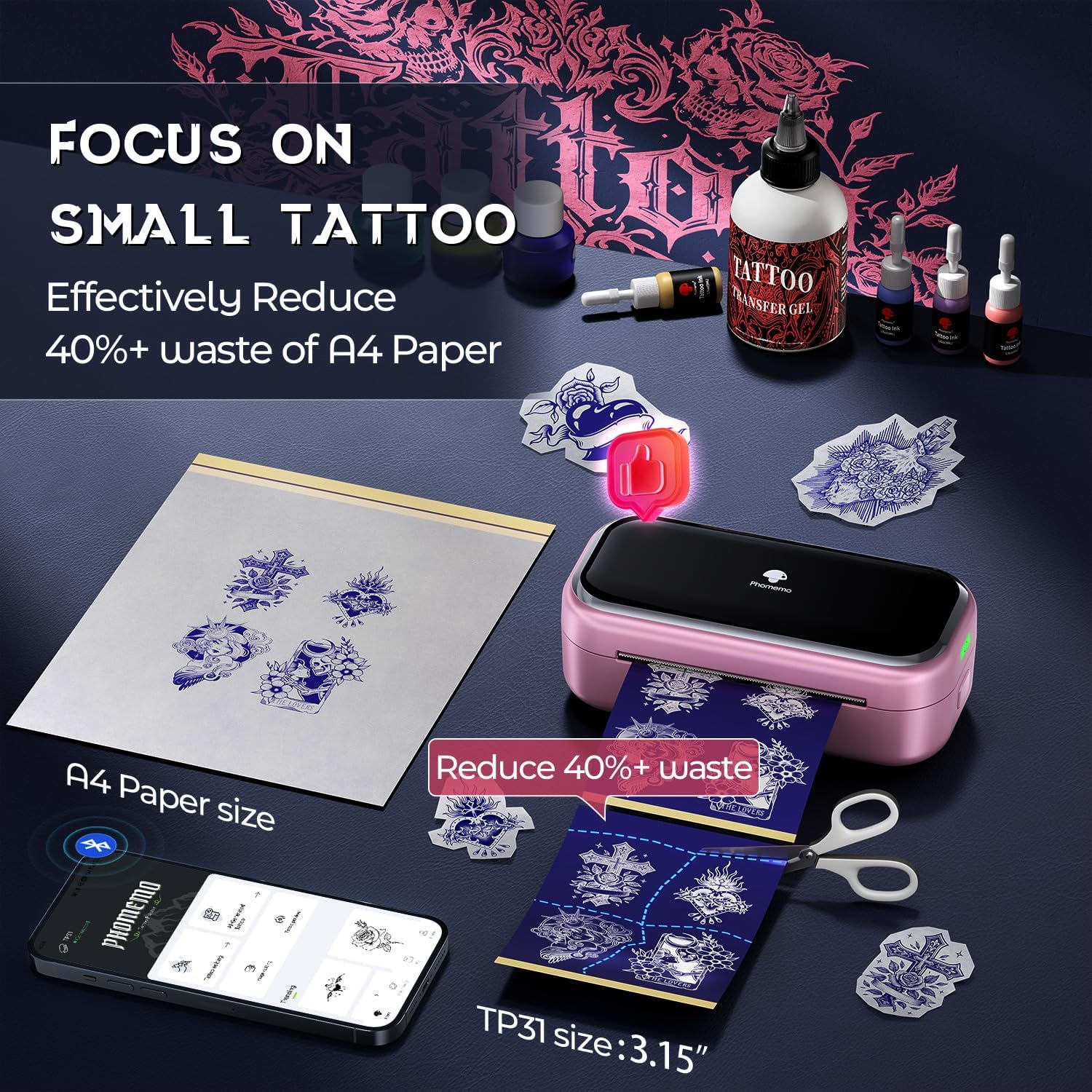 Phomemo TP31 Tattoo Maker -Mini Stencil Printer Machine with 30pcs Transfer Paper, Pink