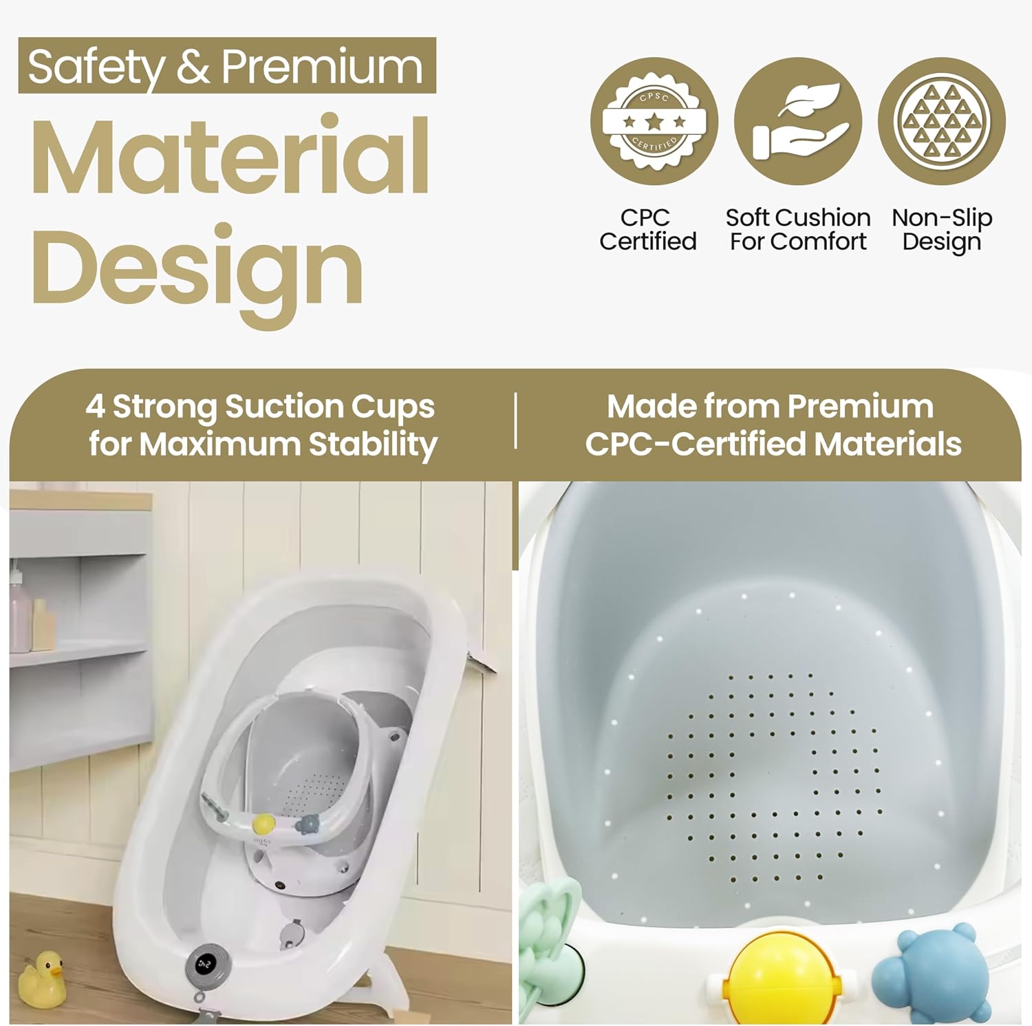 Hibby Baby Bath Seat Integrated Thermometer, Silicone Hair Brush, Rinse Cup, Bath Cap, Toys- Sit-up Safe Bathing- Gray