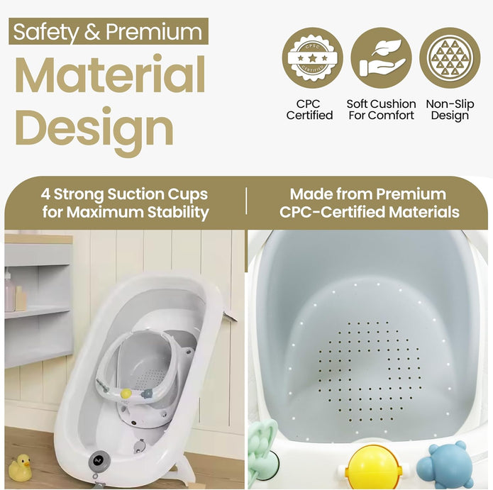 Hibby Baby Bath Seat Integrated Thermometer, Silicone Hair Brush, Rinse Cup, Bath Cap, Toys- Sit-up Safe Bathing- Gray