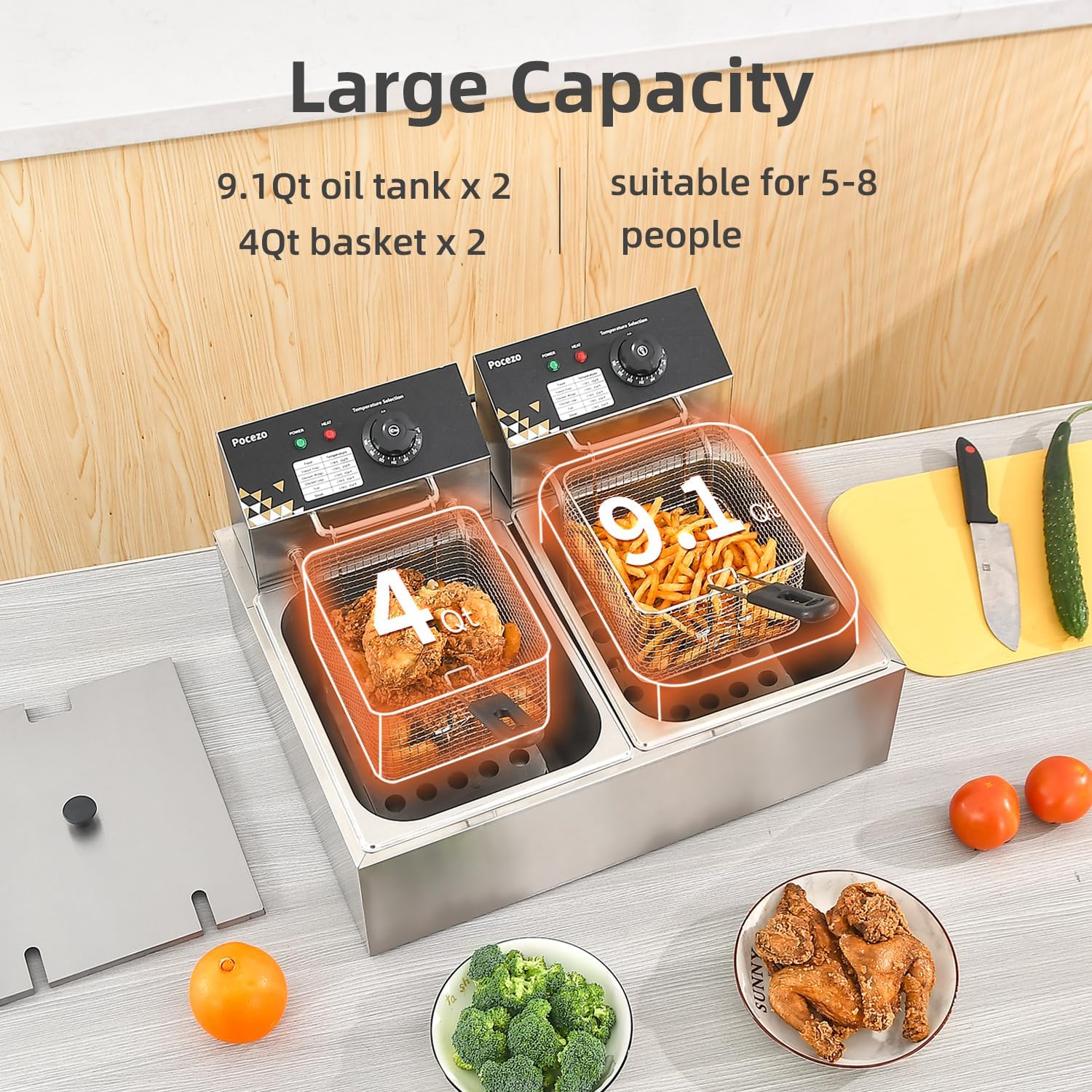OPEN BOX Deep Fryer with Basket, 3400w 9.1Qt Oil Tank / 4Qt Basket x 2, Stainless Steel Countertop Electric Fryer