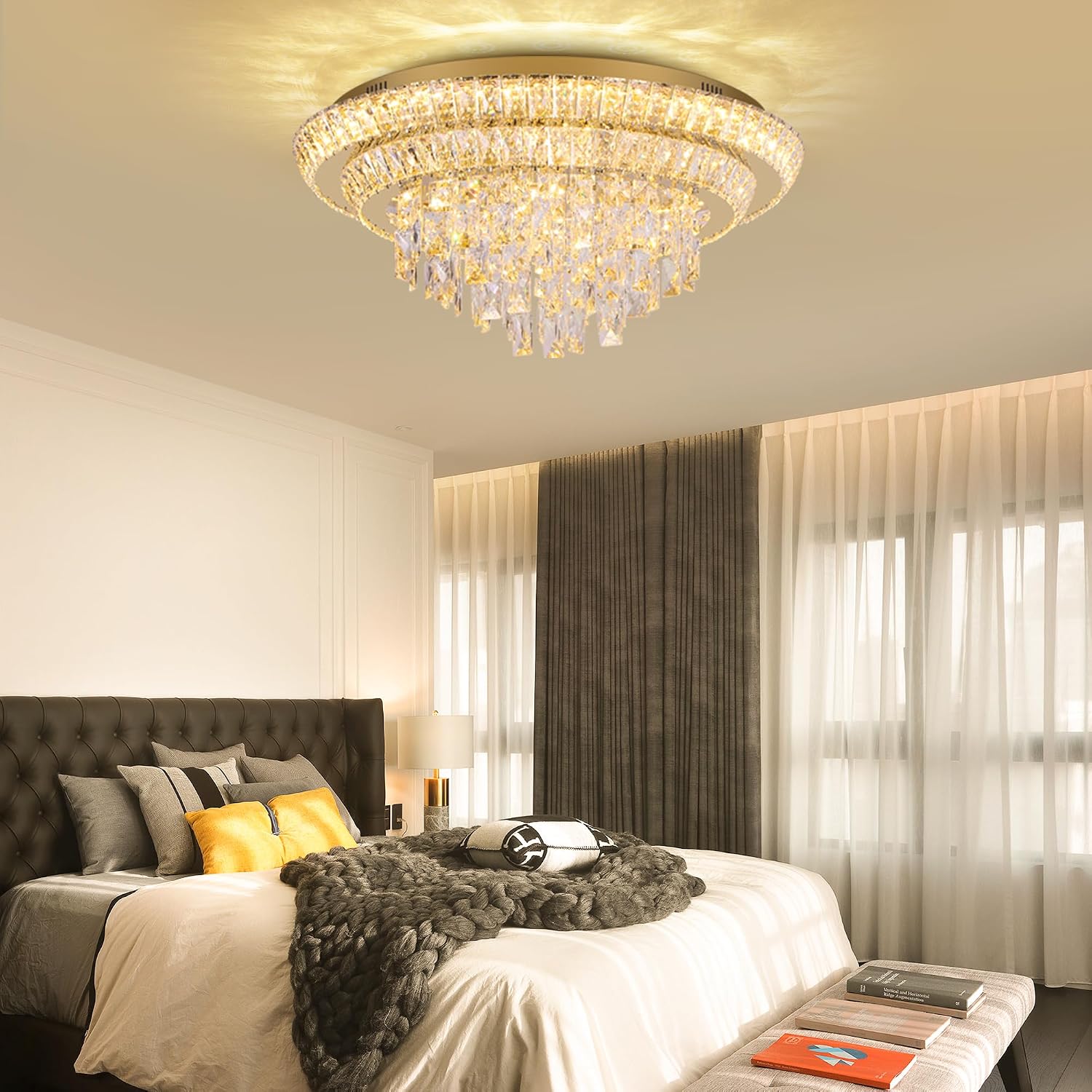 OPEN BOX 24 Inch Modern Crystal Chandeliers  Ceiling Light Flush Mount With Remote