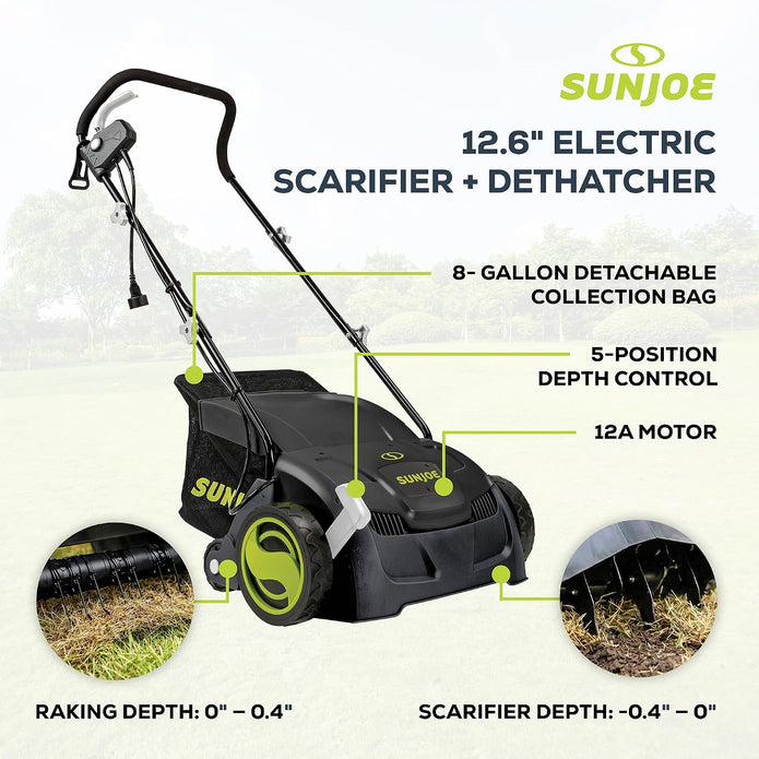 Sun Joe Electric Dethatcher  Scarifier, Corded, with 8-Gal Bag, AJ801E 12.6-Inch Cutting Width, 12-Amp Motor