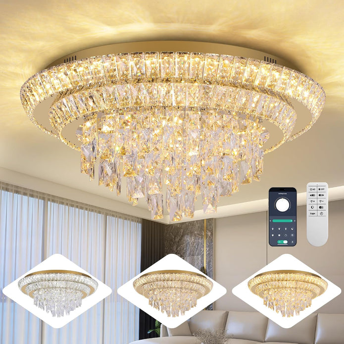 OPEN BOX 24 Inch Modern Crystal Chandeliers  Ceiling Light Flush Mount With Remote