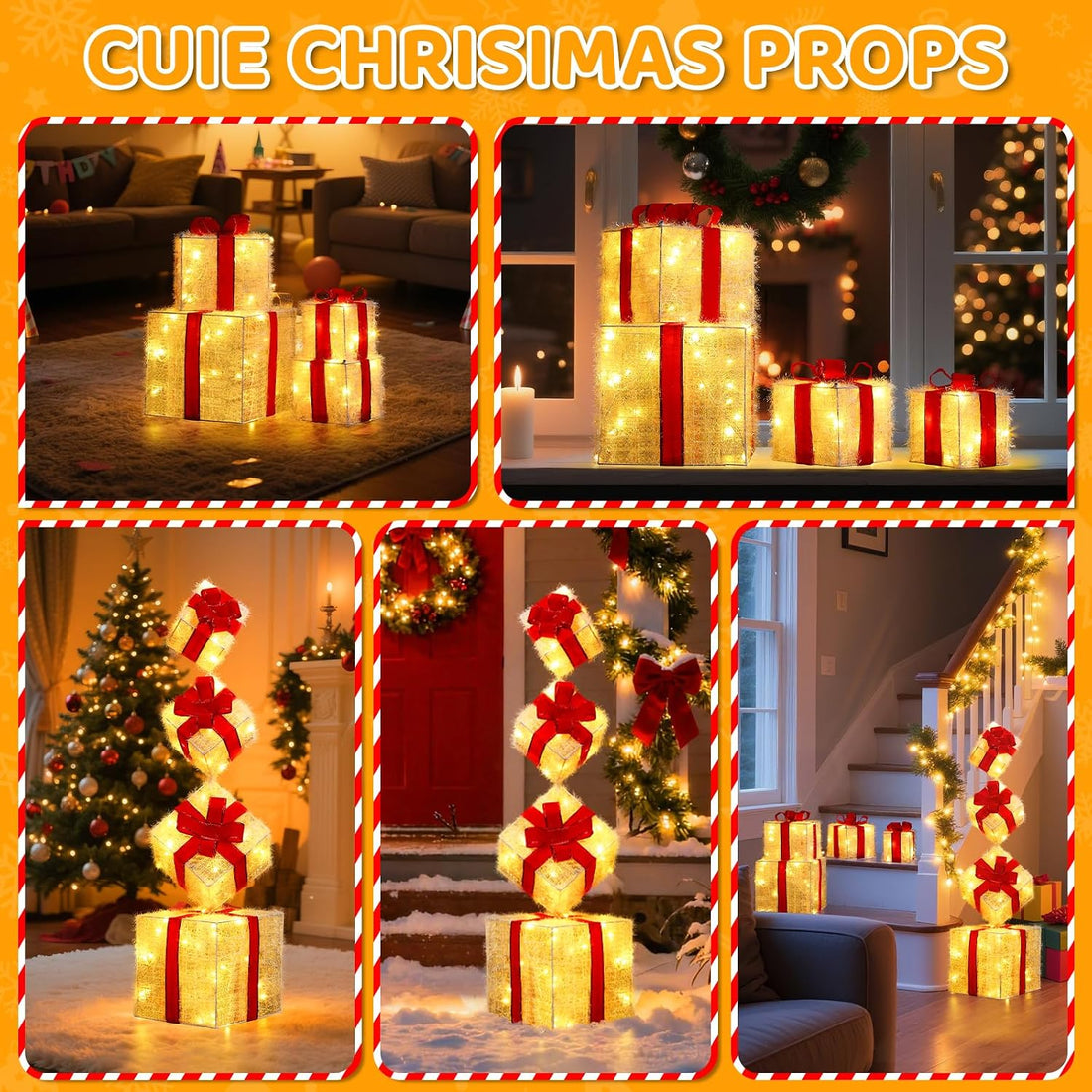 Stackable Lighted Christmas Boxes, 4Pcs Lighted Gift Boxes with Warm LED Lights