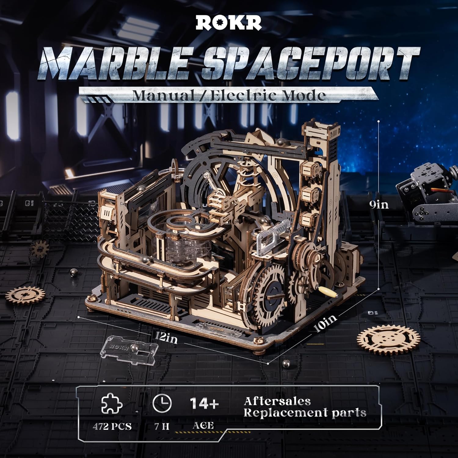ROKR 3D Electric Model Kits Marble Spaceport LGC01, Marble Run Brain Wooden Puzzles