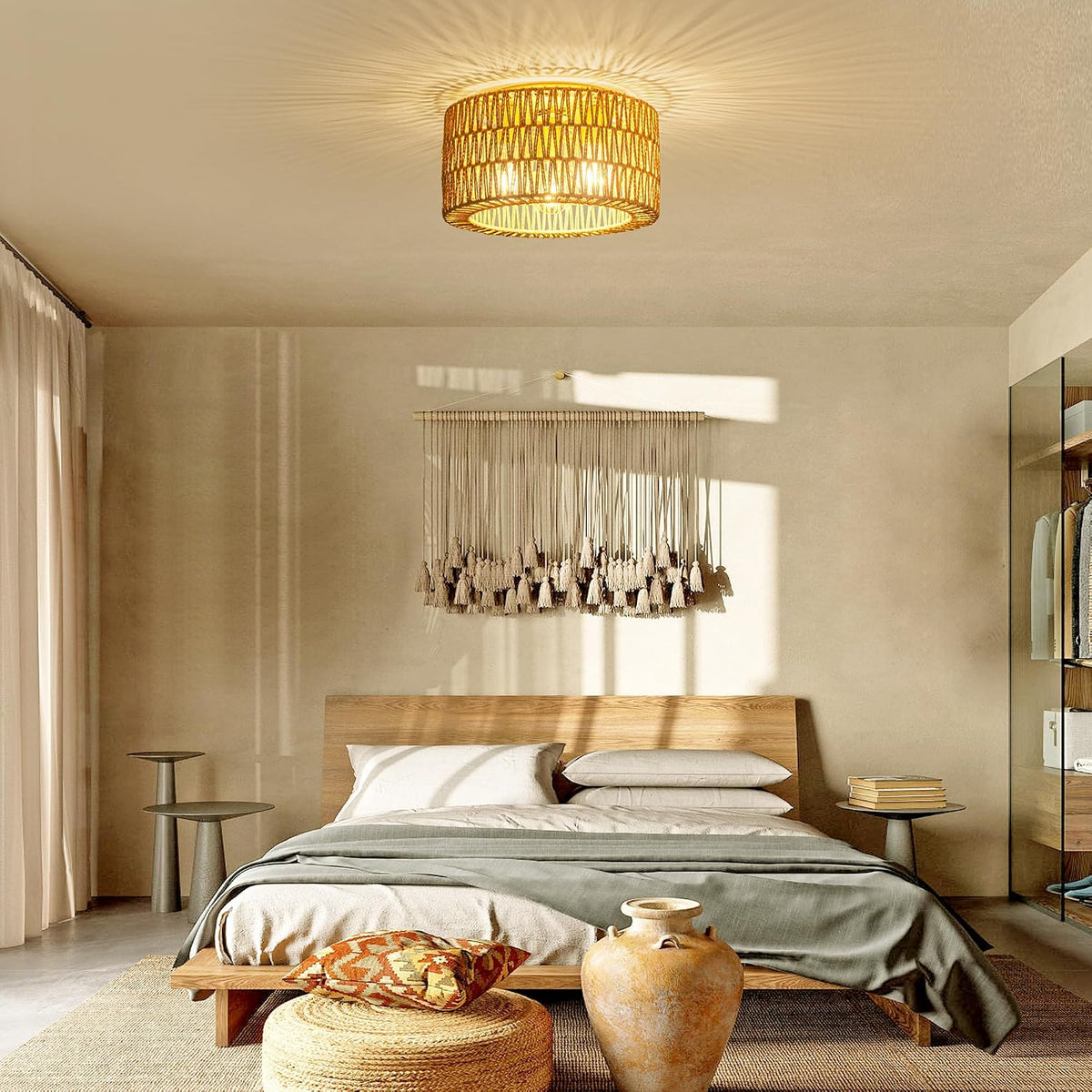 NEW/OPEN BOX 12'' Rattan Ceiling Light Fixture, 3 Light Bohemian Modern Woven gold  Ceiling Light