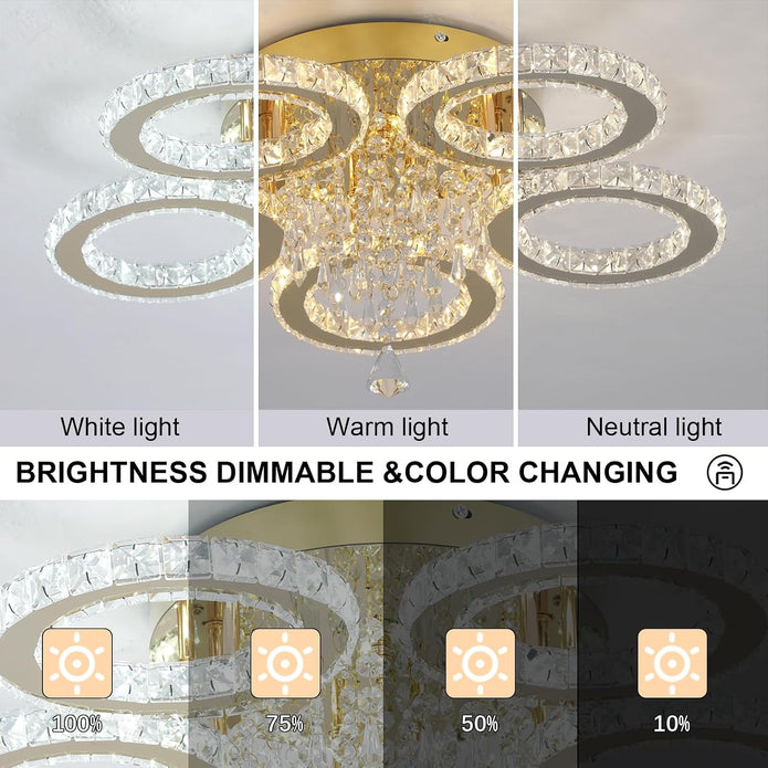 NEW 5-Ring Crystal LED Chandelier Gold Flush Mount Light Dimmable