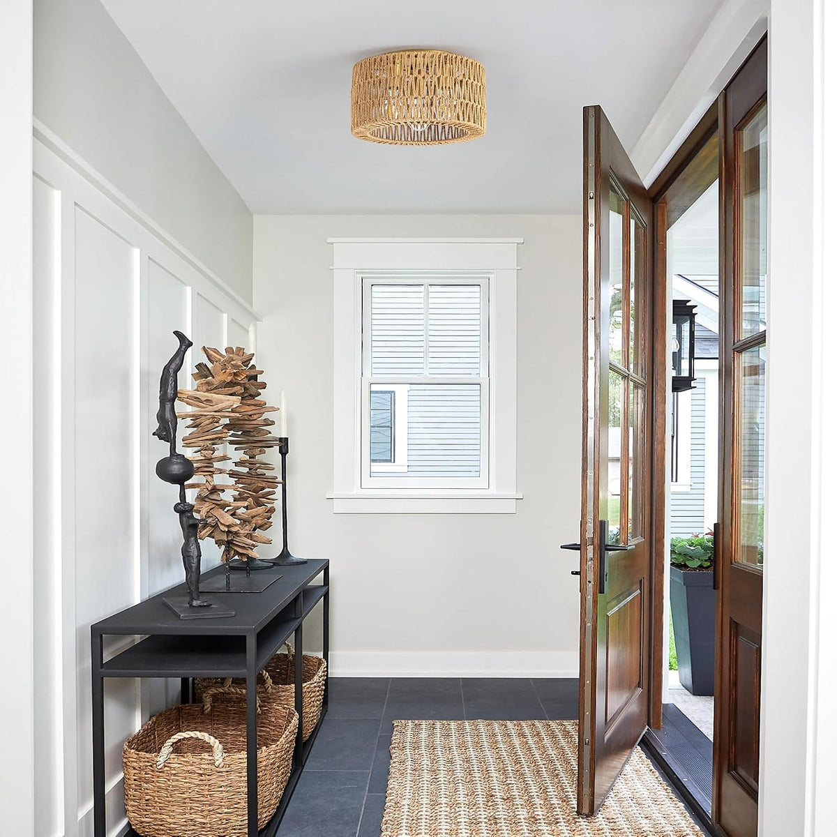 NEW/OPEN BOX 12'' Rattan Ceiling Light Fixture, 3 Light Bohemian Modern Woven gold  Ceiling Light