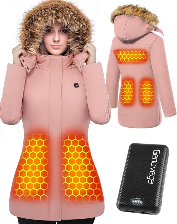 Women Puffer Heated Jacket Rechargeable 7.4v Battery Pack Charger Included ,Pink. XL