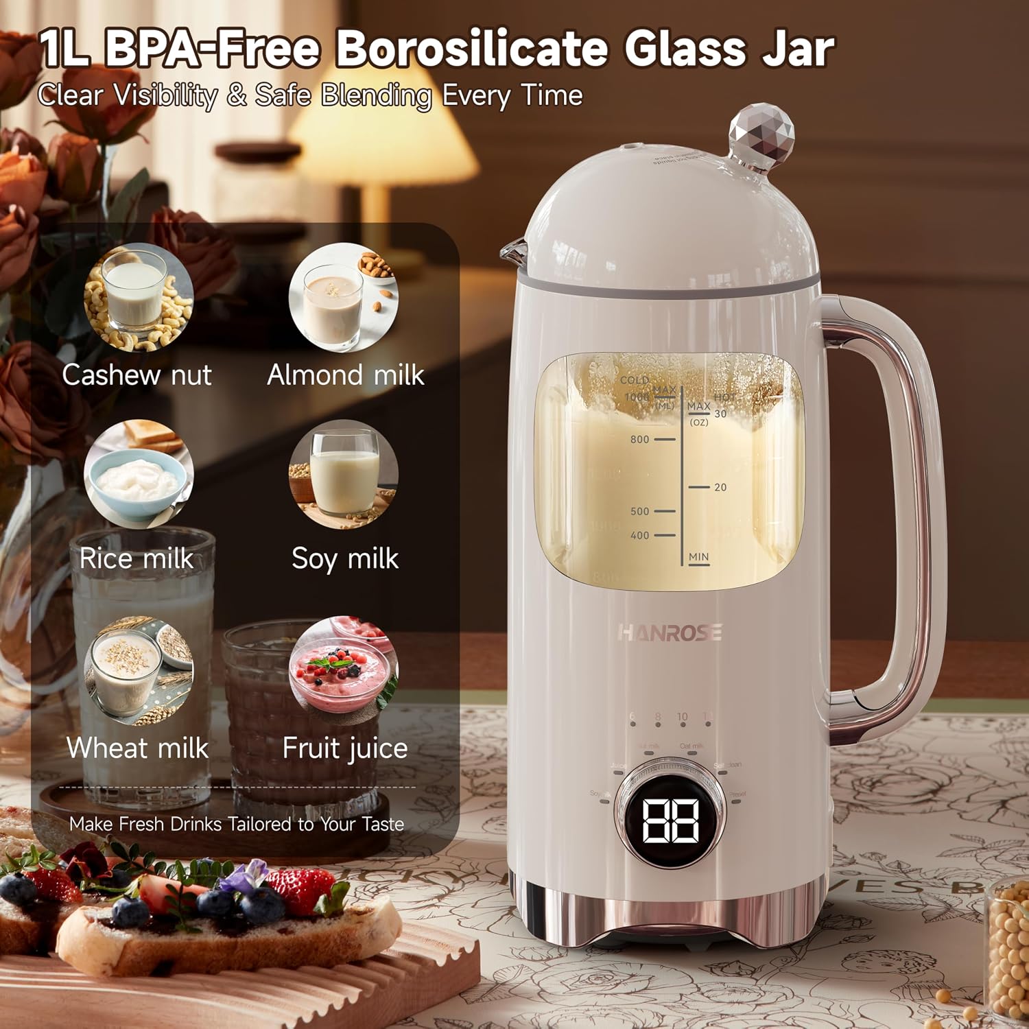 NEW Hanrose Nut Milk Maker Machine, 34 oz BPA-Free Glass Jar, 8-Blade System-K0810US