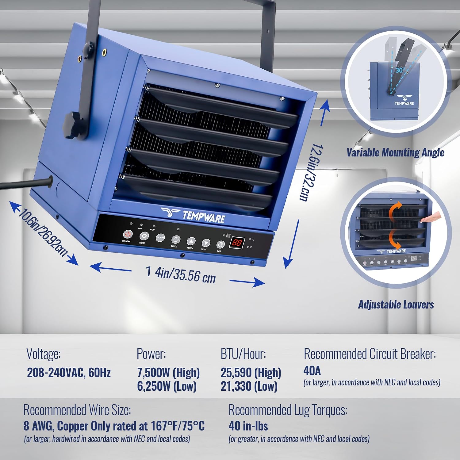 NEW/OPEN BOX TEMPWARE 7500W Electric Garage Heater-TW7500ER