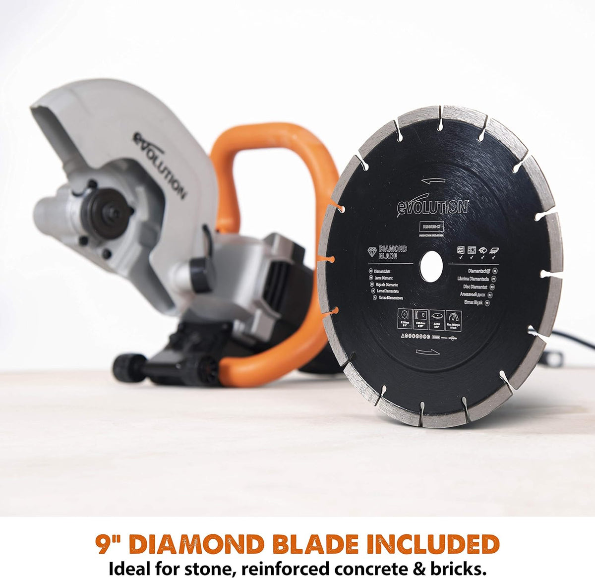 Evolution Power Tools R230DCT - 9 in Concrete Saw (Circular Saw, Angle Grinder) - 15A Motor, No Gas - Incl Diamond Masonry Blade