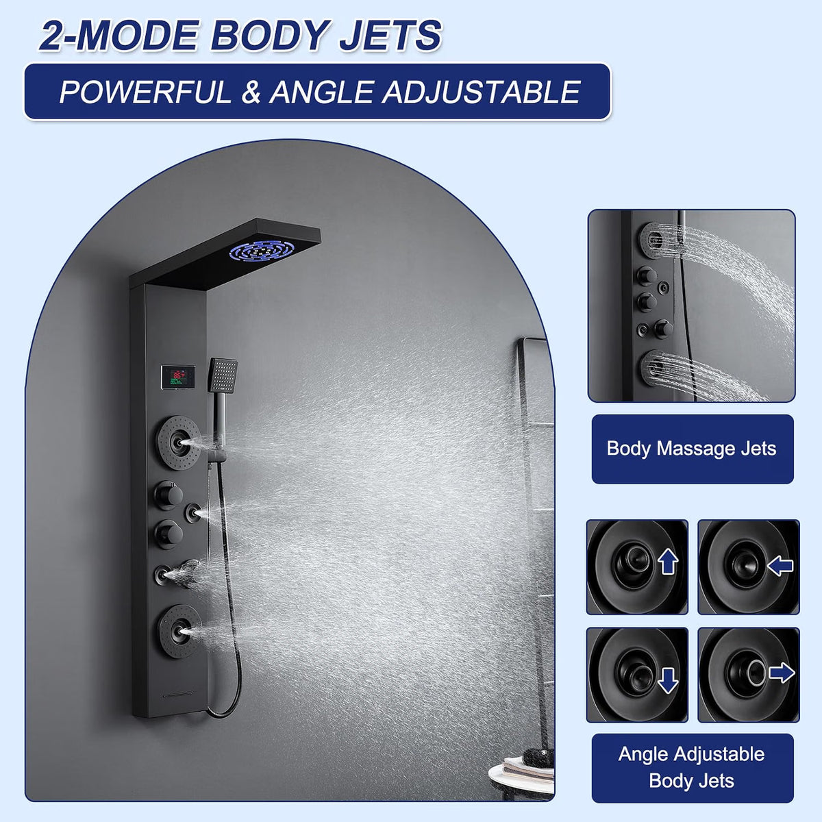 DEMO/UNUSED ROVATE 6-in-1 LED Rainfall Mist Shower Panel Tower System, Matte Black-RVT9061-B2