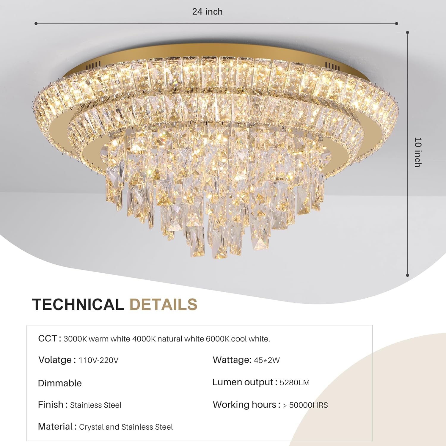 OPEN BOX 24 Inch Modern Crystal Chandeliers  Ceiling Light Flush Mount With Remote