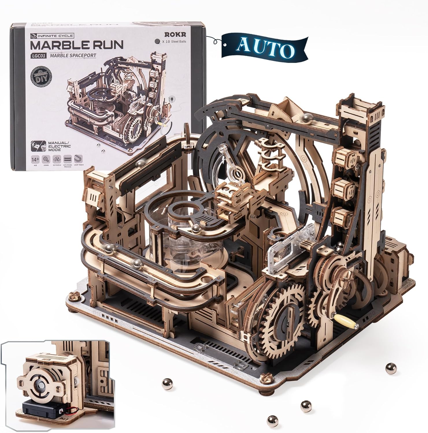 ROKR 3D Electric Model Kits Marble Spaceport LGC01, Marble Run Brain Wooden Puzzles
