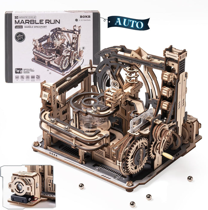 ROKR 3D Electric Model Kits Marble Spaceport LGC01, Marble Run Brain Wooden Puzzles
